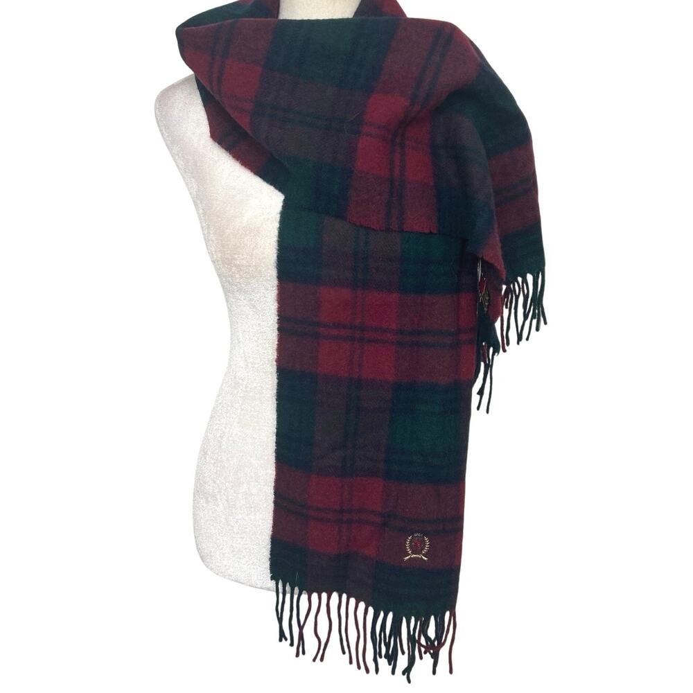 Vtg 90s Tommy Hilfiger Wool Scotland Tartan Plaid Scarf Old Money Preppy Crest